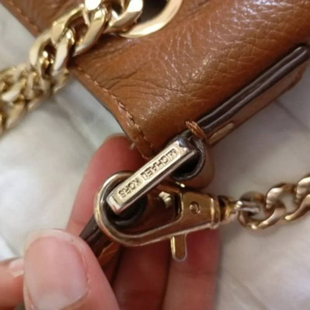 Michael Kors Brown Leather Shoulder Bag With Chain Straps & MK Logo Lining Women
